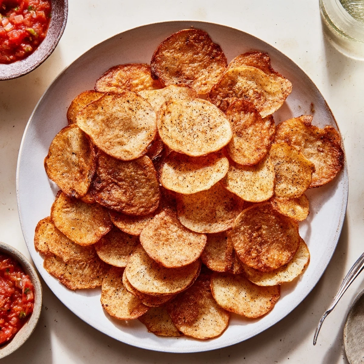Crunchy cottage cheese chips arranged on a platter beside a creamy yogurt dip