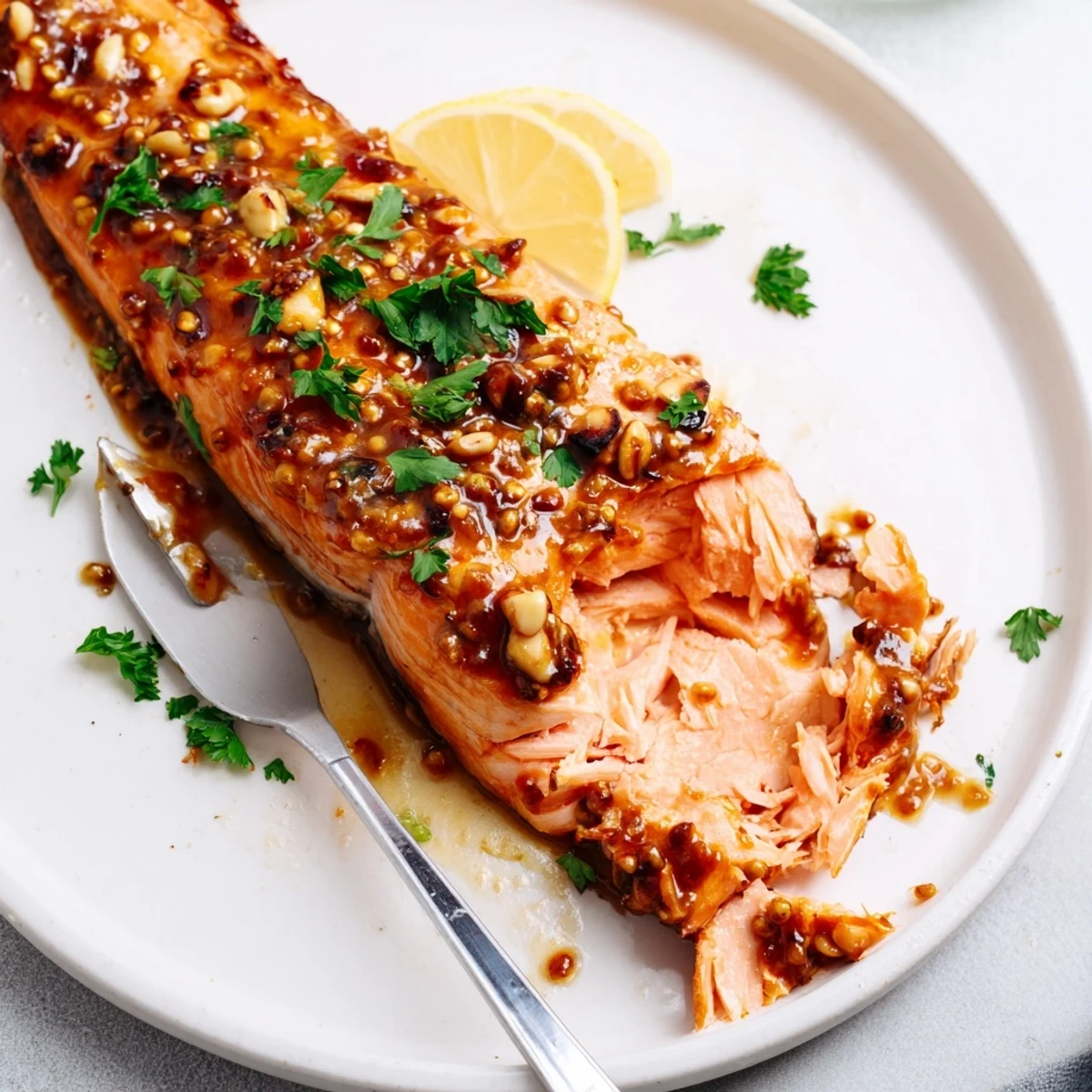 Golden baked honey mustard salmon glazed and glistening on a parchment-lined baking sheet
