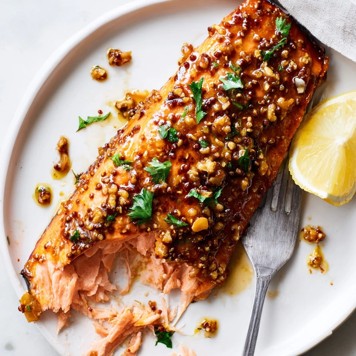 Juicy baked honey mustard salmon fillet garnished with fresh parsley and lemon wedges