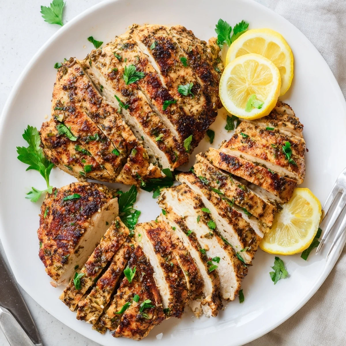 Golden oven baked chicken breasts with herb seasoning on a parchment-lined baking sheet