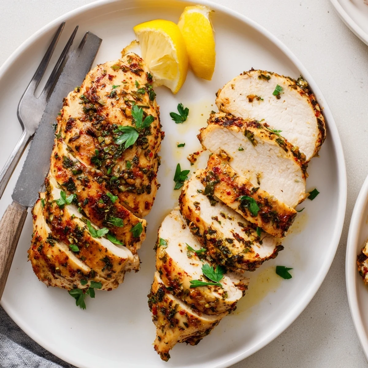 Juicy oven baked chicken breasts garnished with fresh parsley and lemon wedges