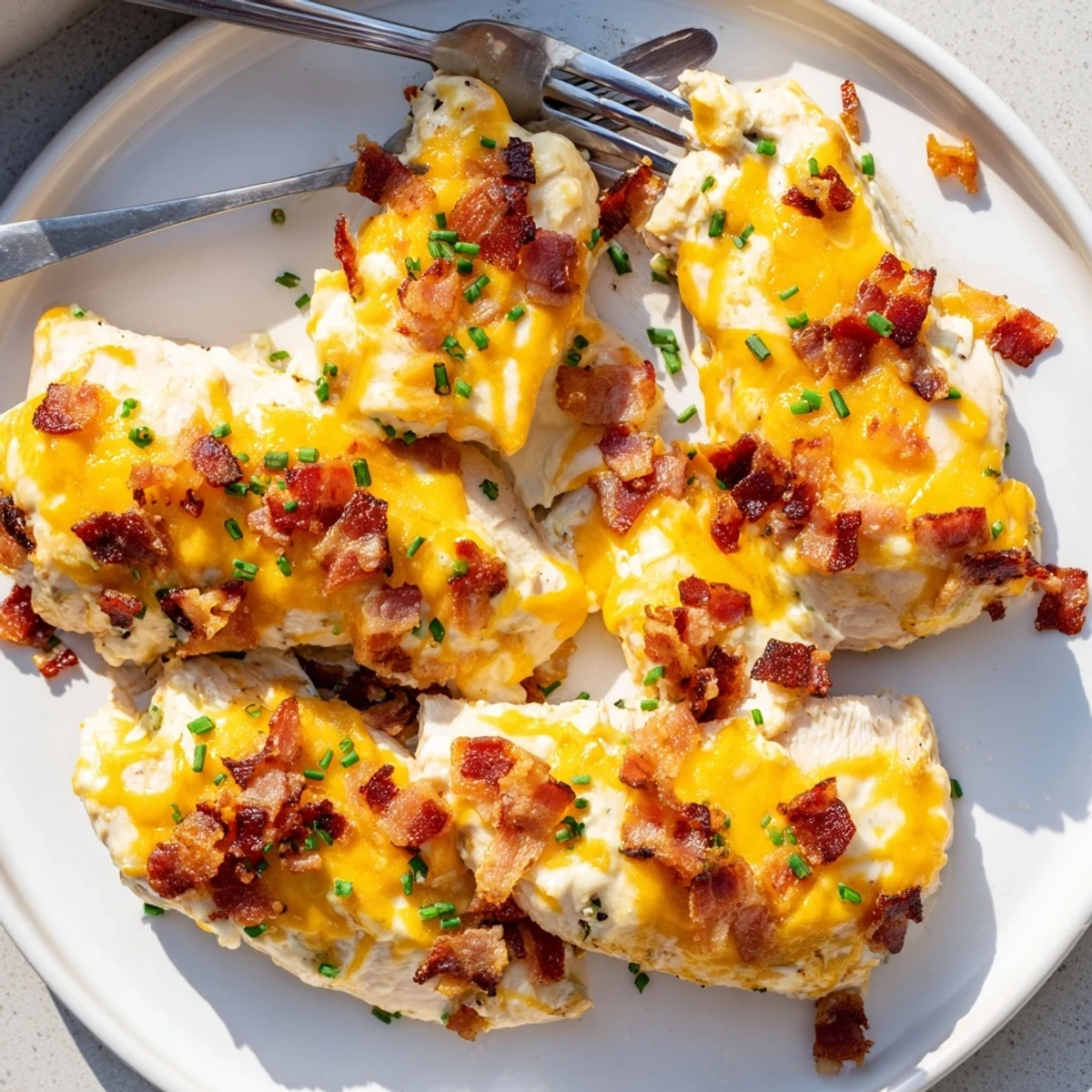 Golden baked crack chicken with bubbling cheddar and crispy bacon crumbles on a white plate