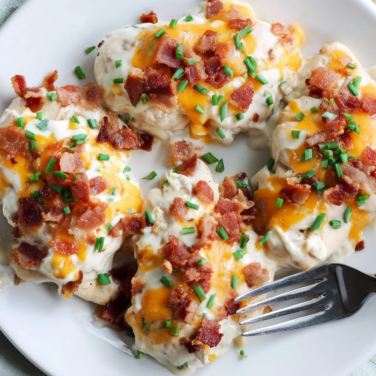 Creamy baked crack chicken topped with melted cheese and chopped chives in a rustic baking dish