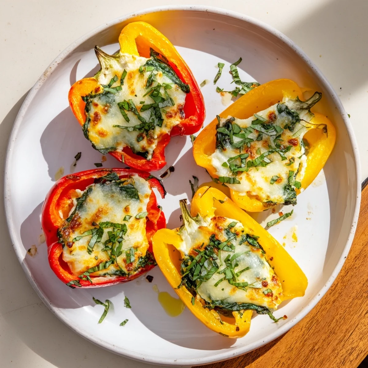 Golden baked ricotta stuffed peppers with bubbling mozzarella and fresh herbs on a rustic dish