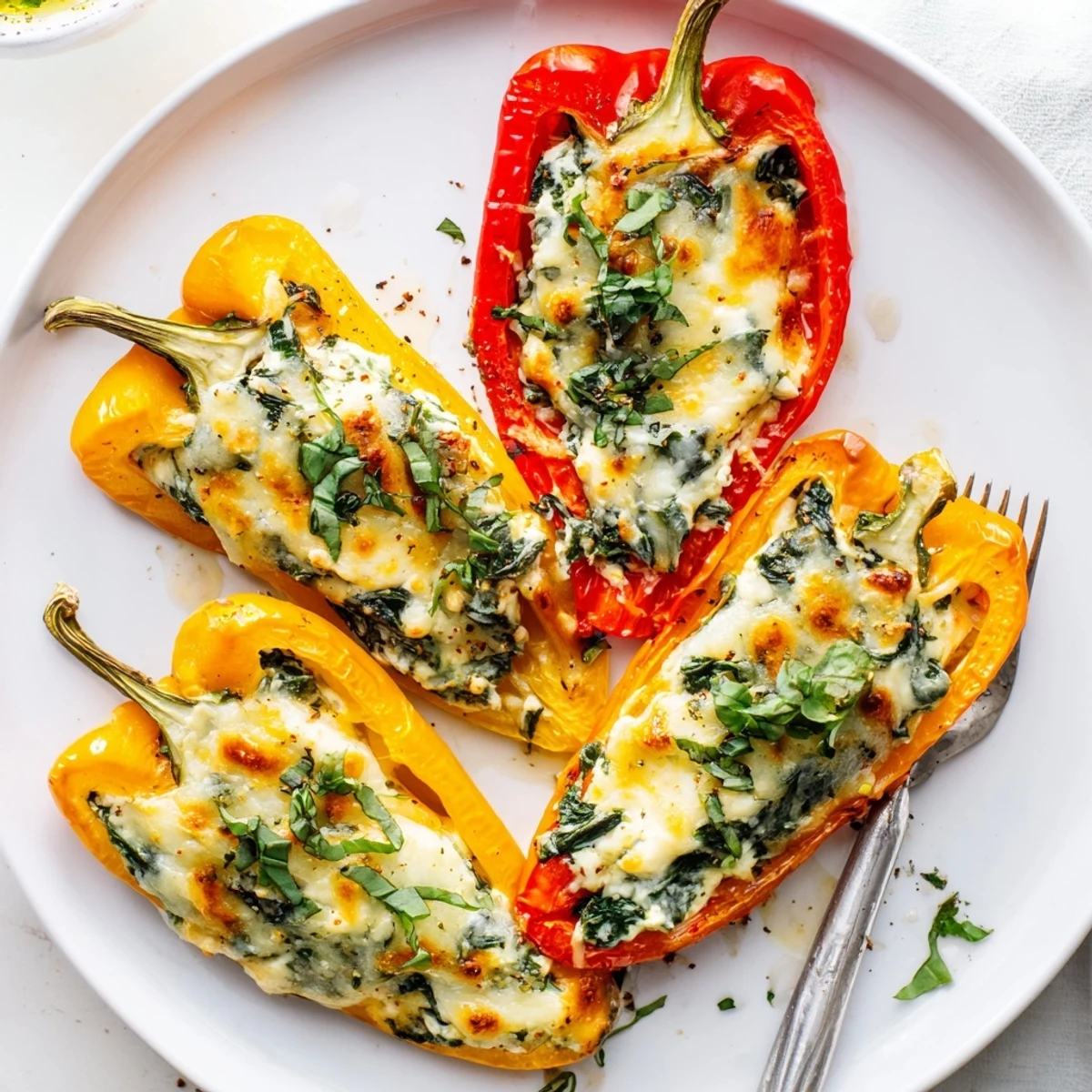 Roasted bell peppers overflowing with creamy herb ricotta filling and melted cheese topping