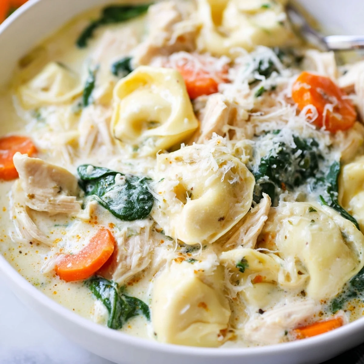 Creamy crockpot chicken tortellini bubbling in a rich Parmesan broth with tender vegetables