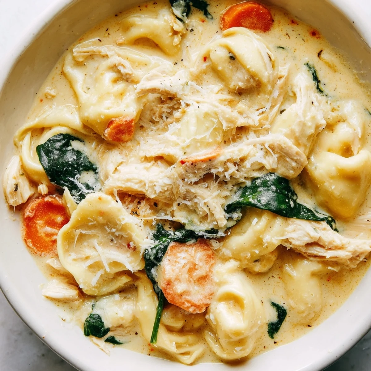 Steaming bowl of crockpot chicken tortellini topped with melted cheese and fresh spinach