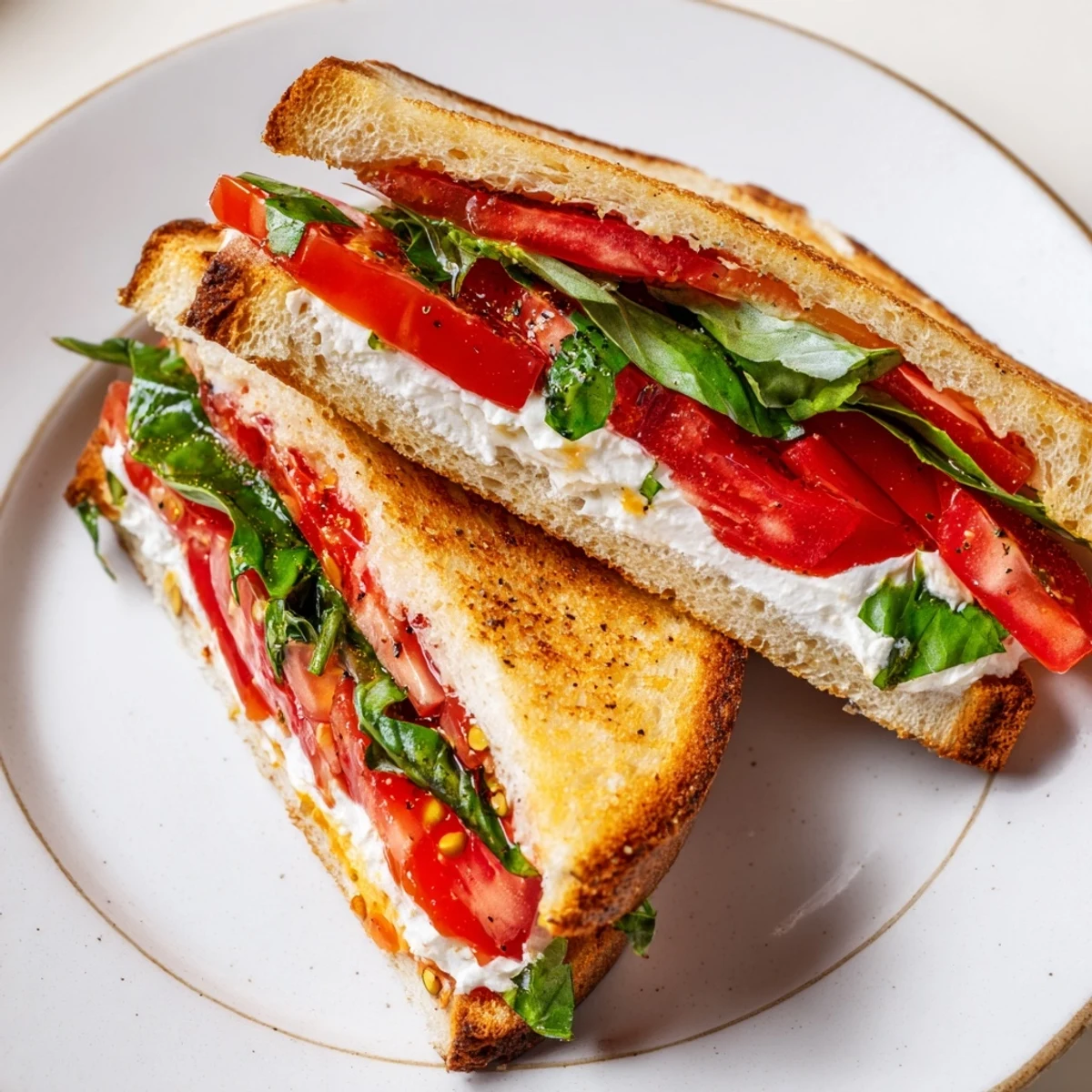A ripe tomato sandwich with creamy mayo and fragrant basil on golden toasted bread