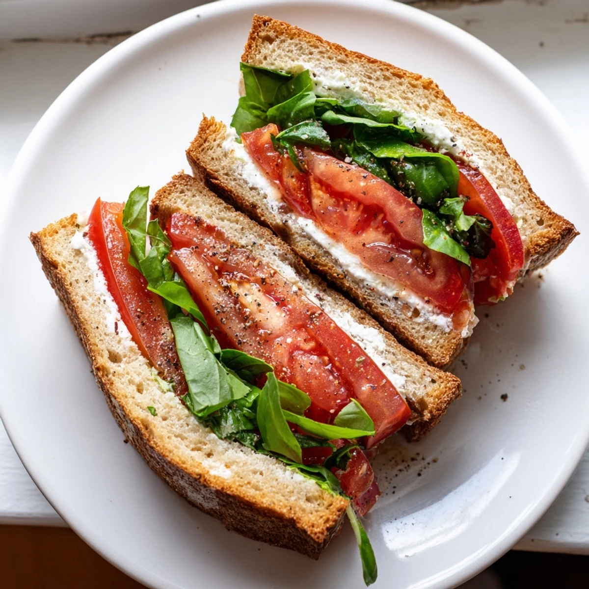 Juicy sliced tomatoes layered in a classic tomato sandwich with seasoned mayonnaise spread