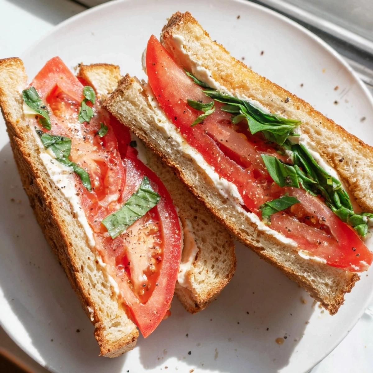 A halved tomato sandwich resting on a cutting board beside fresh basil leaves