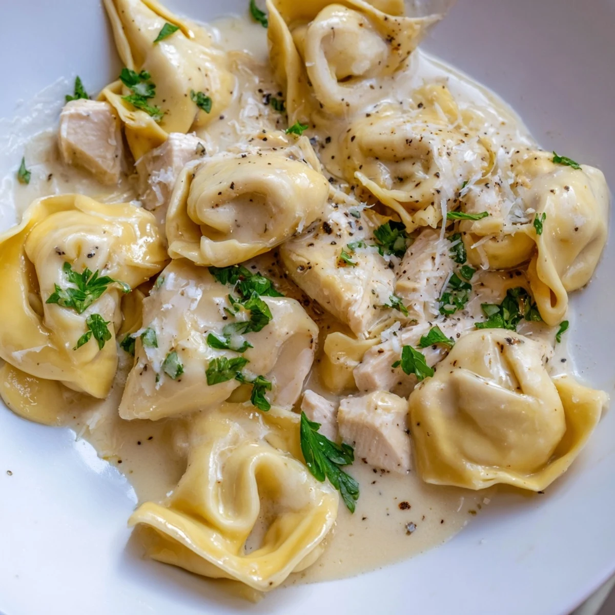 Golden chicken tortellini draped in silky Parmesan cream sauce on a white plate