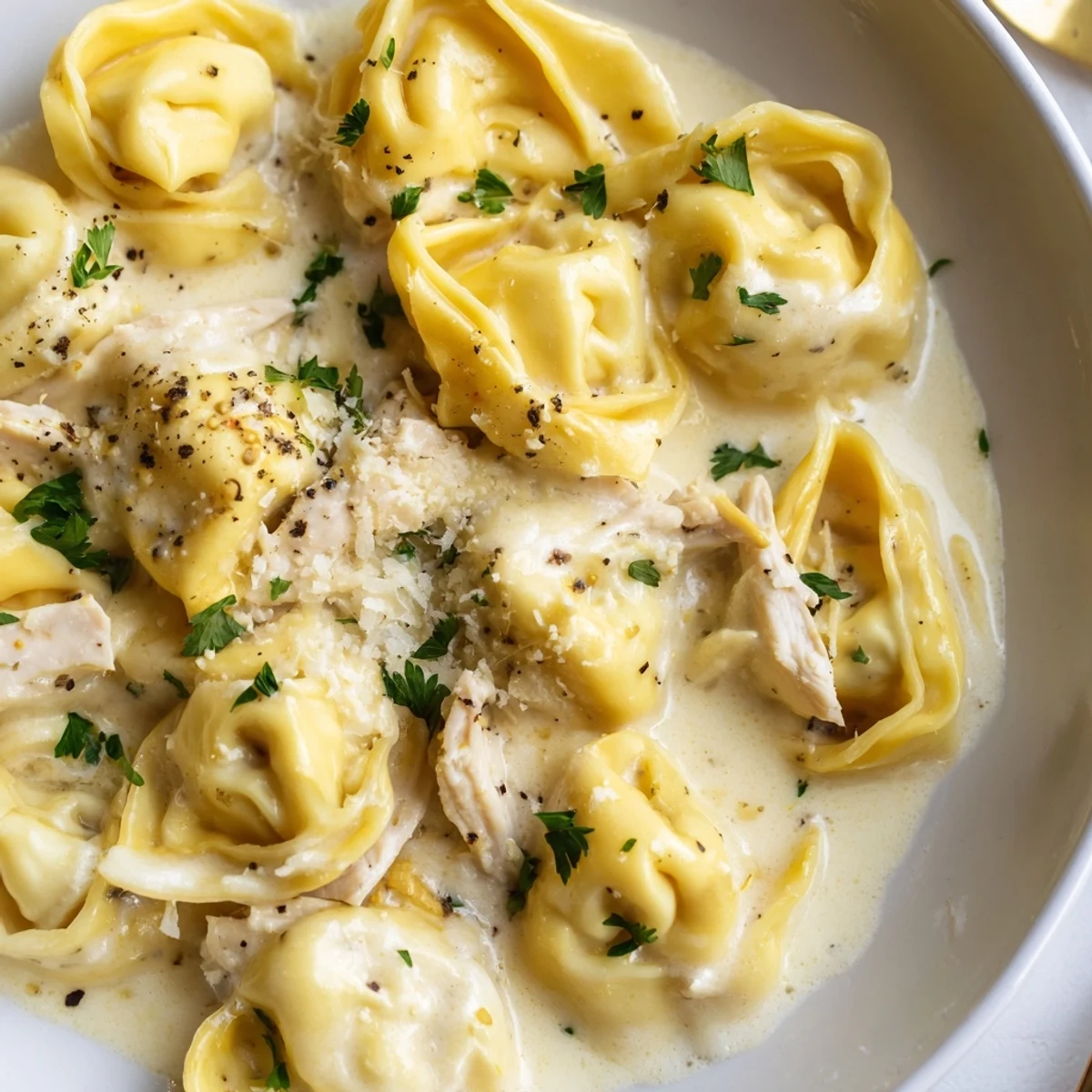 Creamy bowl of chicken tortellini garnished with fresh herbs and shaved Parmesan cheese