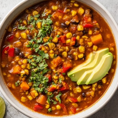 A steaming pot of Black Bean Corn Chili Lime Delight simmering with corn and beans.
