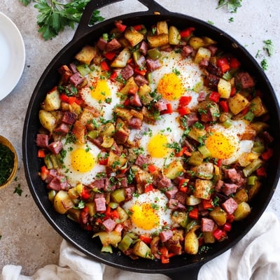 A close-up of golden brown Corned Beef Hash Skillet with Crispy Potatoes and Bell Peppers garnished with fresh parsley.