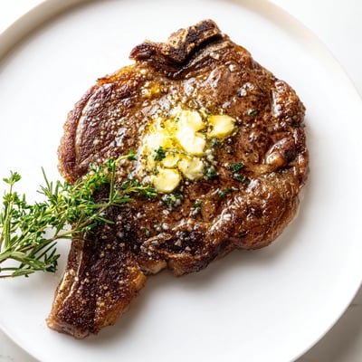 Perfectly sliced Pan Seared Ribeye Steak resting beside roasted vegetables, showcasing a tender, pink center and savory herb garnish.