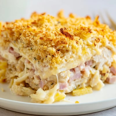 Creamy Dijon sauce coats shredded chicken and ham in Chicken Cordon Bleu Casserole