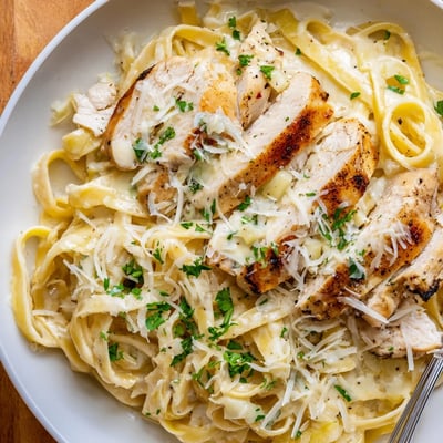 Fork twirling Creamy Garlic Chicken Pasta with parsley garnish and al dente fettuccine