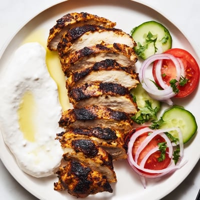 Grilled Shawarma Chicken With Garlic Sauce sliced, drizzled over pita with tomatoes.