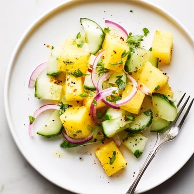 Chilled Pineapple Cucumber Salad tossed in zesty lime dressing, ready to serve.