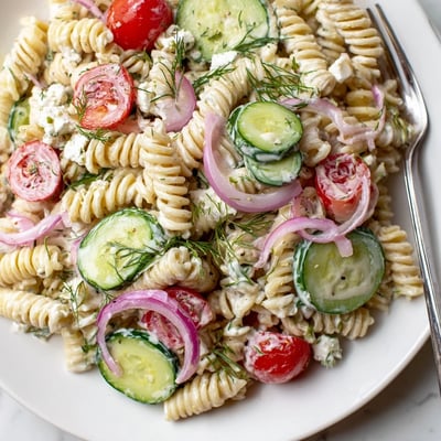 Cucumber Pasta Salad tossed with crisp cucumbers, cherry tomatoes, perfect for potlucks