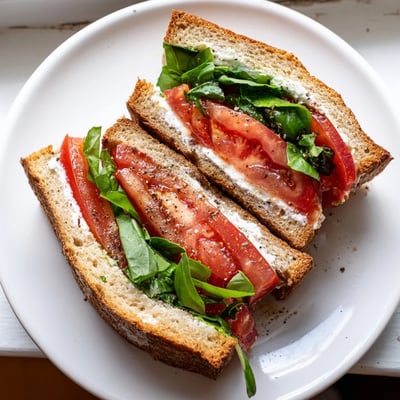 Juicy sliced tomatoes layered in a classic tomato sandwich with seasoned mayonnaise spread
